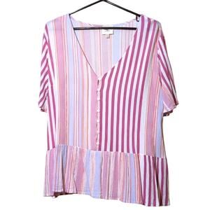 Hayden Los Angeles Peplum Pleated Hem Gauzy Pink Striped V Neck Top Sz. 1XL
